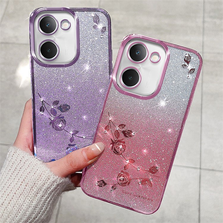 KADEM For vivo Y100i 5G Cover Glitter Flower Pattern Drop-proof TPU Cell Phone Case with Strap - Rose Gold