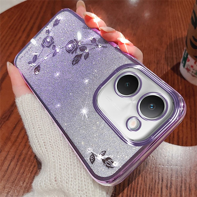 KADEM For vivo Y100i 5G Cover Glitter Flower Pattern Drop-proof TPU Cell Phone Case with Strap - Purple