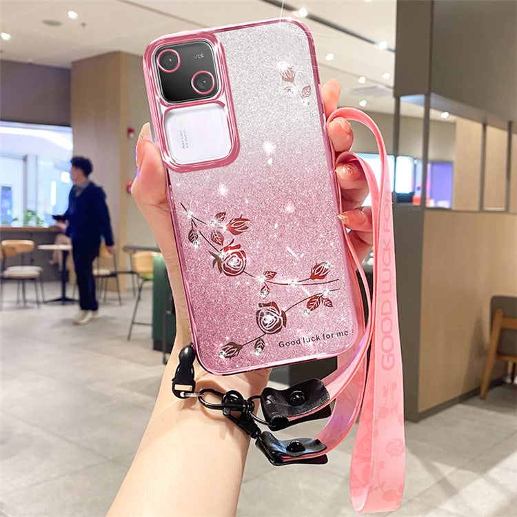 KADEM For vivo S18 5G TPU Cover Rhinestone Flower Glitter Anti-fall Cell Phone Case with Strap - Rose Gold