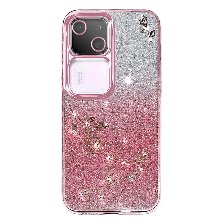 KADEM For vivo S18 5G TPU Cover Rhinestone Flower Glitter Anti-fall Cell Phone Case with Strap - Rose Gold