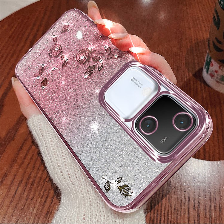 KADEM For vivo S18 5G TPU Cover Rhinestone Flower Glitter Anti-fall Cell Phone Case with Strap - Rose Gold