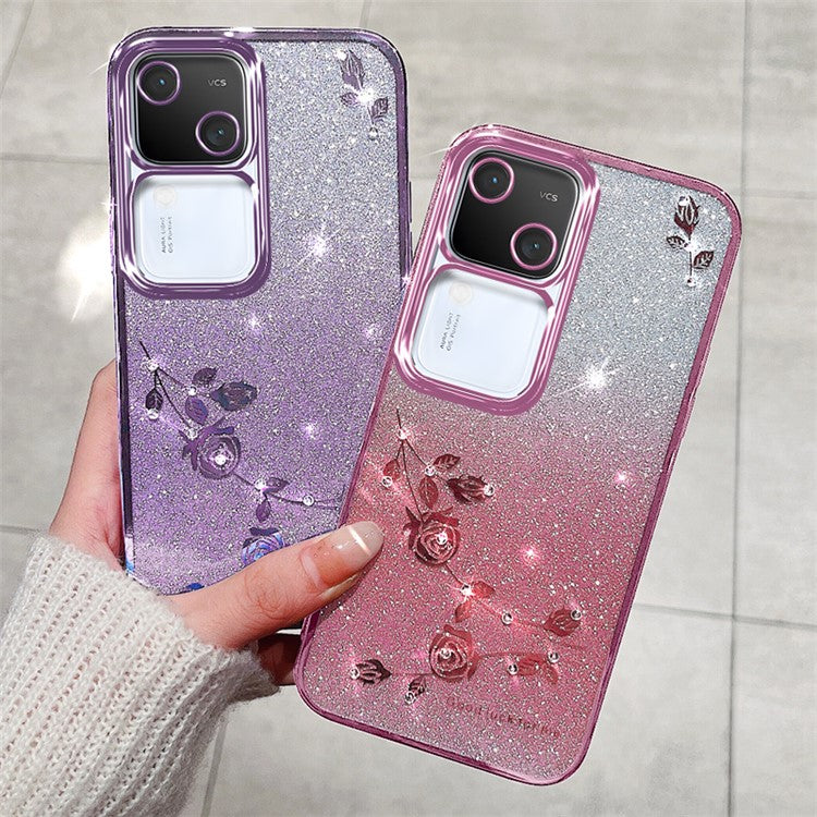 KADEM For vivo S18 5G TPU Cover Rhinestone Flower Glitter Anti-fall Cell Phone Case with Strap - Rose Gold