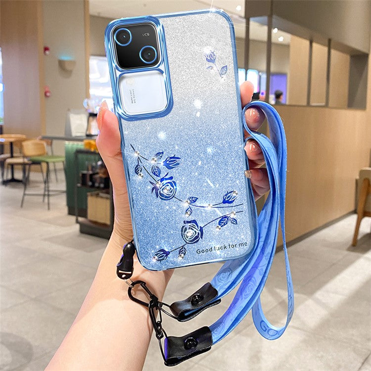 KADEM For vivo S18 5G TPU Cover Rhinestone Flower Glitter Anti-fall Cell Phone Case with Strap - Blue