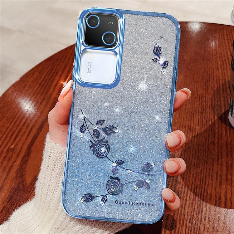 KADEM For vivo S18 5G TPU Cover Rhinestone Flower Glitter Anti-fall Cell Phone Case with Strap - Blue