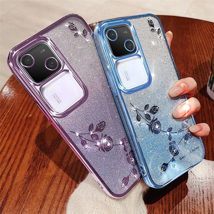 KADEM For vivo S18 5G TPU Cover Rhinestone Flower Glitter Anti-fall Cell Phone Case with Strap - Blue