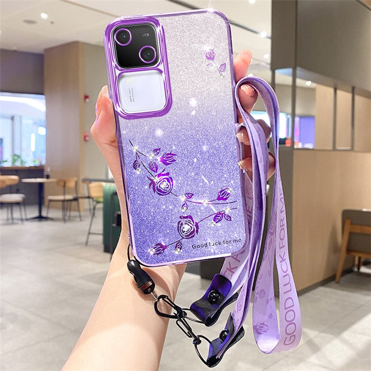 KADEM For vivo S18 5G TPU Cover Rhinestone Flower Glitter Anti-fall Cell Phone Case with Strap - Purple