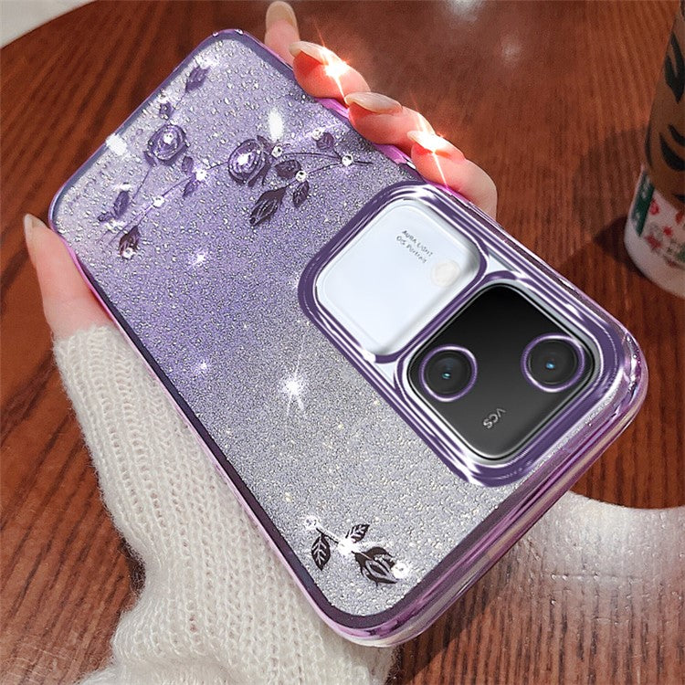 KADEM For vivo S18 5G TPU Cover Rhinestone Flower Glitter Anti-fall Cell Phone Case with Strap - Purple