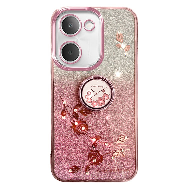 KADEM For vivo Y100i 5G Cell Phone Case Glitter Rhinestone Flower TPU Cover with Ring Kickstand - Rose Gold