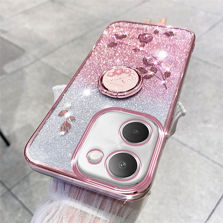 KADEM For vivo Y100i 5G Cell Phone Case Glitter Rhinestone Flower TPU Cover with Ring Kickstand - Rose Gold