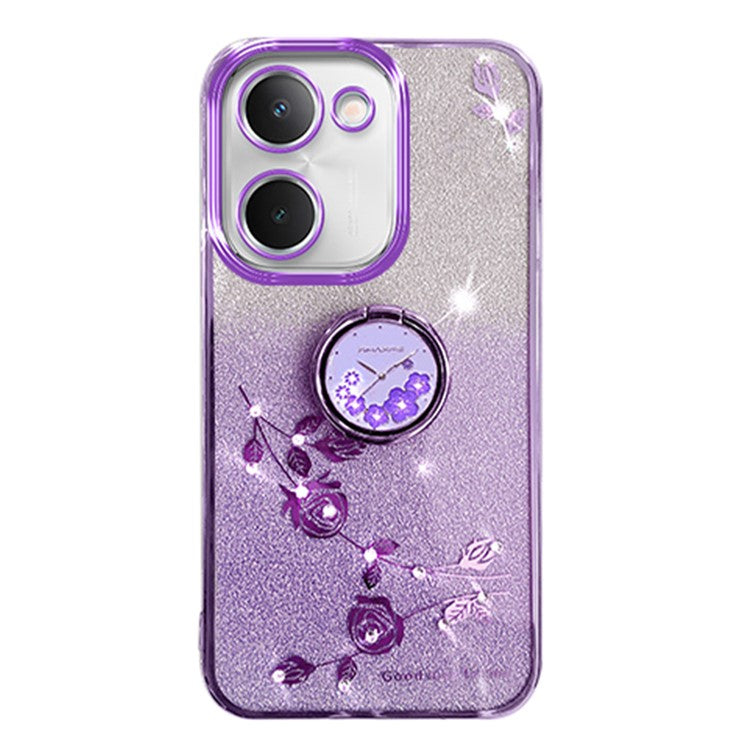 KADEM For vivo Y100i 5G Cell Phone Case Glitter Rhinestone Flower TPU Cover with Ring Kickstand - Purple