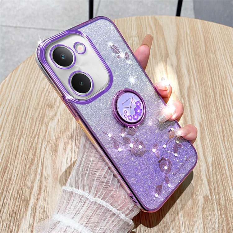 KADEM For vivo Y100i 5G Cell Phone Case Glitter Rhinestone Flower TPU Cover with Ring Kickstand - Purple