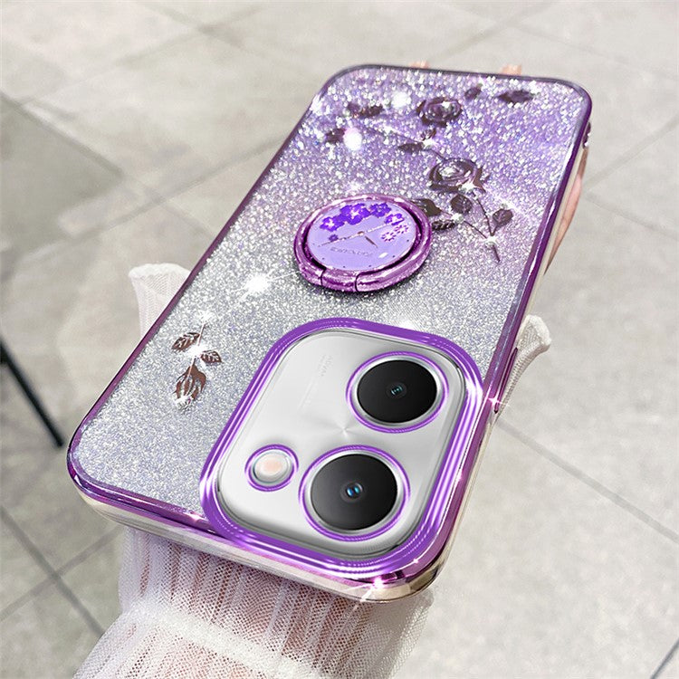 KADEM For vivo Y100i 5G Cell Phone Case Glitter Rhinestone Flower TPU Cover with Ring Kickstand - Purple