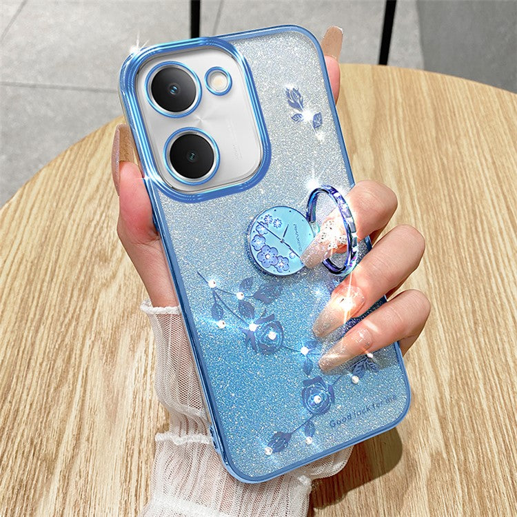 KADEM For vivo Y100i 5G Cell Phone Case Glitter Rhinestone Flower TPU Cover with Ring Kickstand - Purple