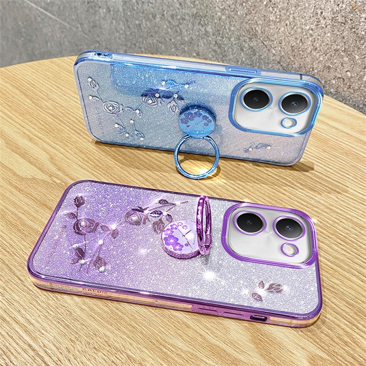 KADEM For vivo Y100i 5G Cell Phone Case Glitter Rhinestone Flower TPU Cover with Ring Kickstand - Purple