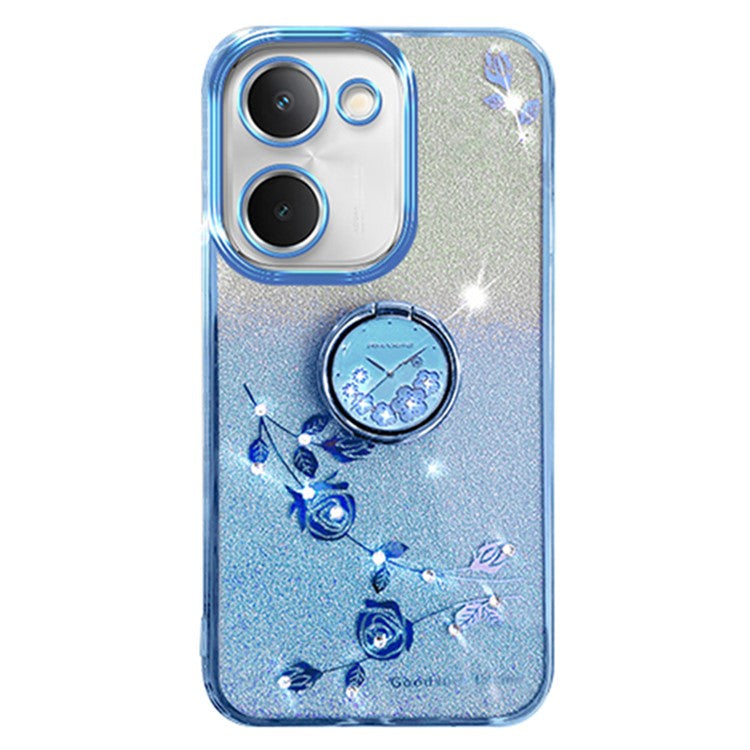 KADEM For vivo Y100i 5G Cell Phone Case Glitter Rhinestone Flower TPU Cover with Ring Kickstand - Blue