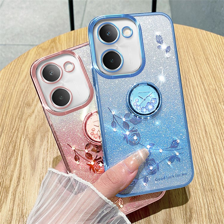 KADEM For vivo Y100i 5G Cell Phone Case Glitter Rhinestone Flower TPU Cover with Ring Kickstand - Blue