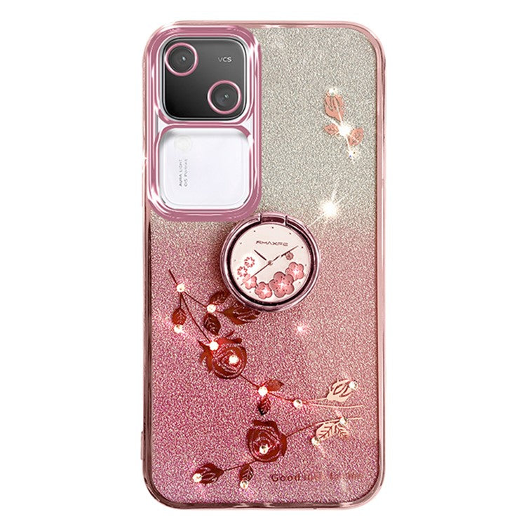 KADEM For vivo S18 5G Cell Phone Case Rhinestone Decor Flower TPU Back Cover with Ring Kickstand - Rose Gold