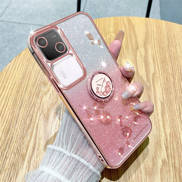 KADEM For vivo S18 5G Cell Phone Case Rhinestone Decor Flower TPU Back Cover with Ring Kickstand - Rose Gold