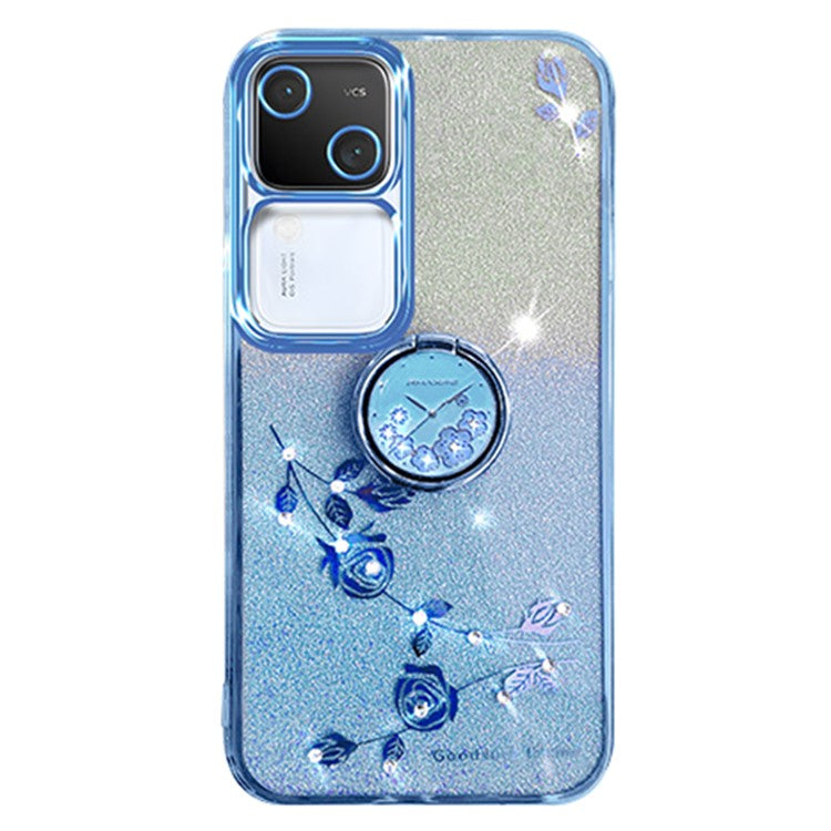 KADEM For vivo S18 5G Cell Phone Case Rhinestone Decor Flower TPU Back Cover with Ring Kickstand - Blue