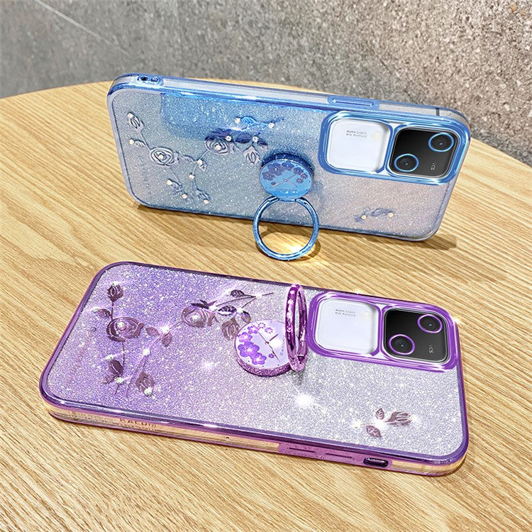 KADEM For vivo S18 5G Cell Phone Case Rhinestone Decor Flower TPU Back Cover with Ring Kickstand - Blue