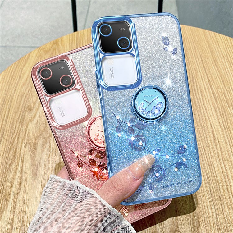 KADEM For vivo S18 5G Cell Phone Case Rhinestone Decor Flower TPU Back Cover with Ring Kickstand - Blue