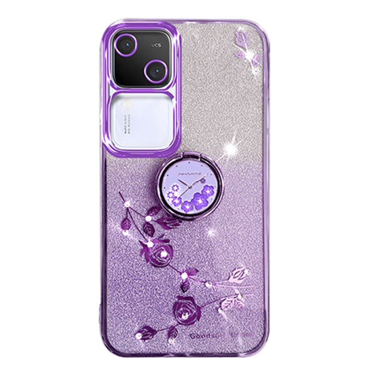 KADEM For vivo S18 5G Cell Phone Case Rhinestone Decor Flower TPU Back Cover with Ring Kickstand - Purple