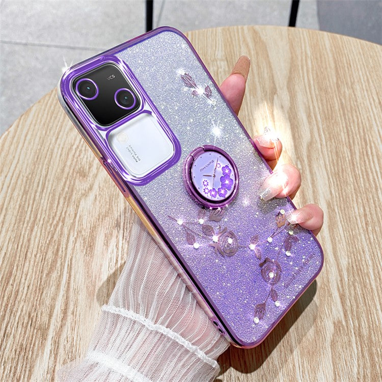 KADEM For vivo S18 5G Cell Phone Case Rhinestone Decor Flower TPU Back Cover with Ring Kickstand - Purple