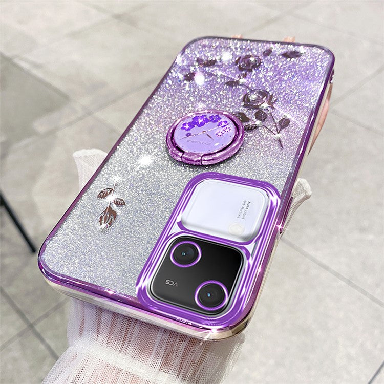 KADEM For vivo S18 5G Cell Phone Case Rhinestone Decor Flower TPU Back Cover with Ring Kickstand - Purple