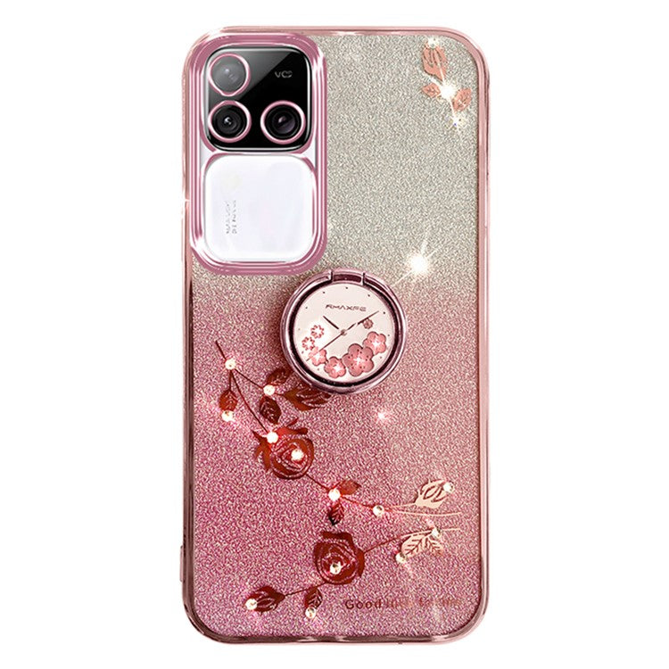 KADEM For vivo S18 Pro 5G Case Ring Kickstand Rhinestone Flower TPU Anti-scratch Phone Back Cover - Rose Gold