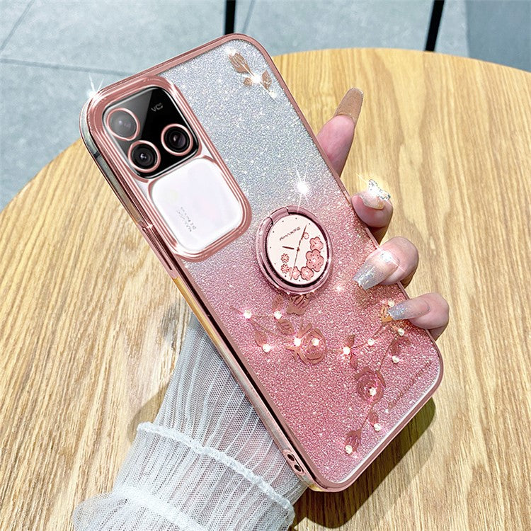 KADEM For vivo S18 Pro 5G Case Ring Kickstand Rhinestone Flower TPU Anti-scratch Phone Back Cover - Rose Gold