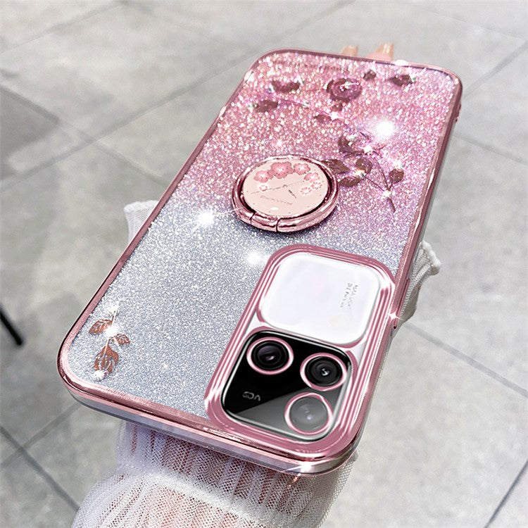 KADEM For vivo S18 Pro 5G Case Ring Kickstand Rhinestone Flower TPU Anti-scratch Phone Back Cover - Rose Gold