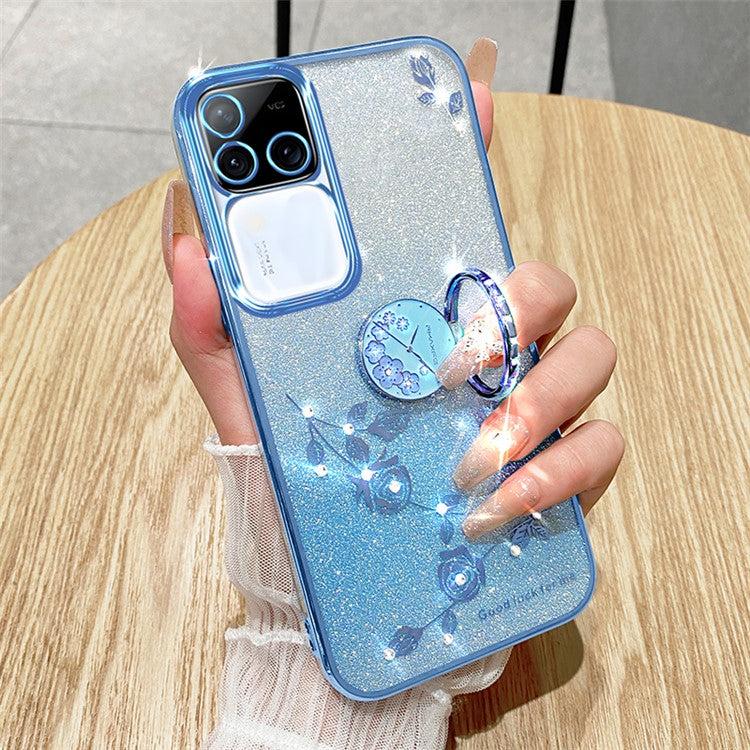 KADEM For vivo S18 Pro 5G Case Ring Kickstand Rhinestone Flower TPU Anti-scratch Phone Back Cover - Rose Gold