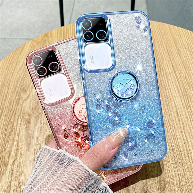 KADEM For vivo S18 Pro 5G Case Ring Kickstand Rhinestone Flower TPU Anti-scratch Phone Back Cover - Rose Gold