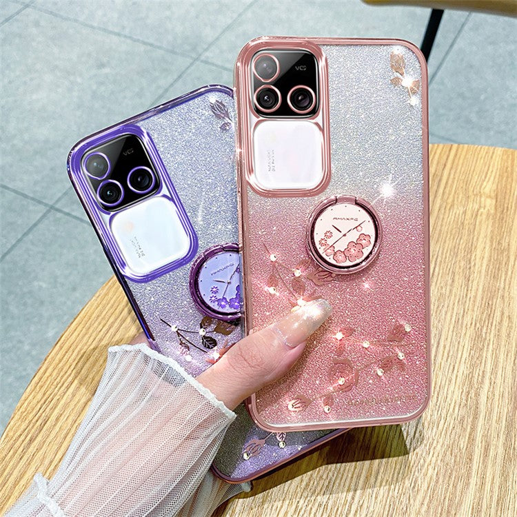 KADEM For vivo S18 Pro 5G Case Ring Kickstand Rhinestone Flower TPU Anti-scratch Phone Back Cover - Rose Gold