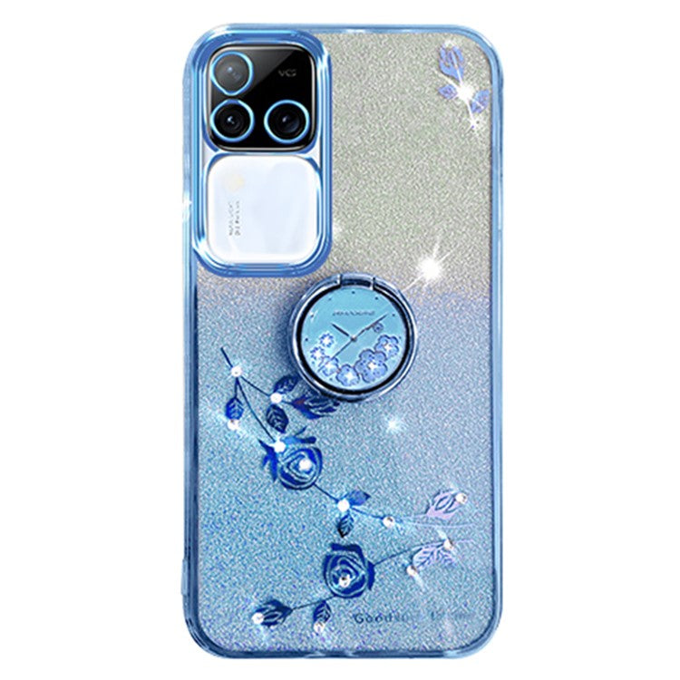 KADEM For vivo S18 Pro 5G Case Ring Kickstand Rhinestone Flower TPU Anti-scratch Phone Back Cover - Blue