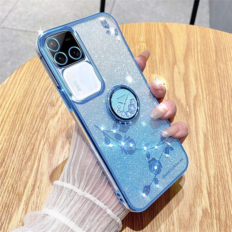 KADEM For vivo S18 Pro 5G Case Ring Kickstand Rhinestone Flower TPU Anti-scratch Phone Back Cover - Blue