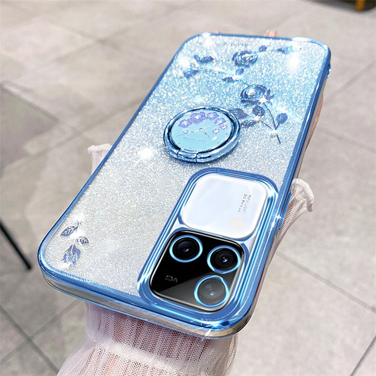 KADEM For vivo S18 Pro 5G Case Ring Kickstand Rhinestone Flower TPU Anti-scratch Phone Back Cover - Blue