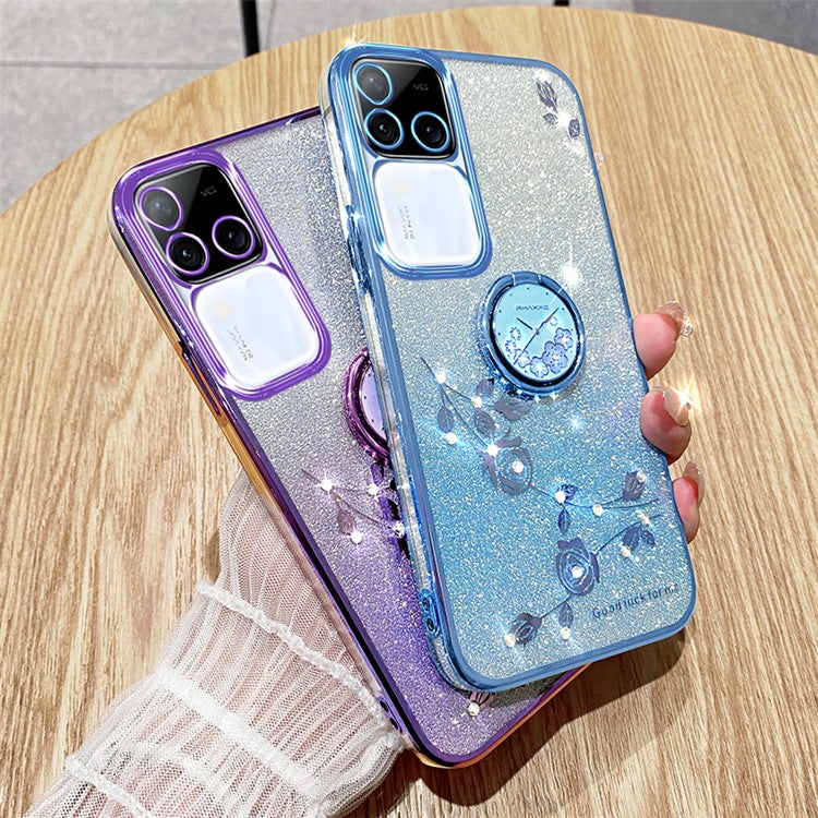 KADEM For vivo S18 Pro 5G Case Ring Kickstand Rhinestone Flower TPU Anti-scratch Phone Back Cover - Blue