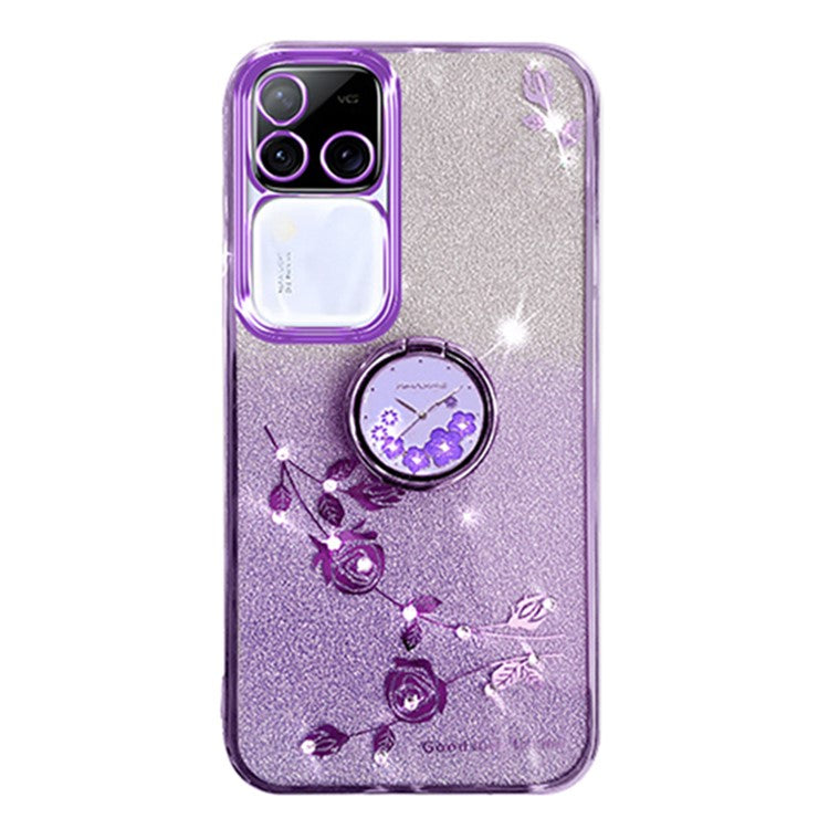 KADEM For vivo S18 Pro 5G Case Ring Kickstand Rhinestone Flower TPU Anti-scratch Phone Back Cover - Purple