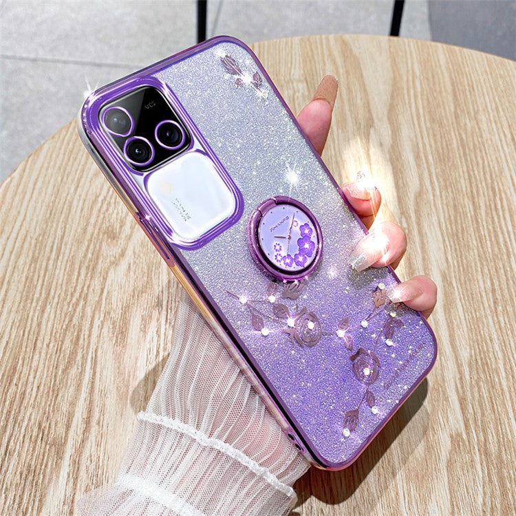 KADEM For vivo S18 Pro 5G Case Ring Kickstand Rhinestone Flower TPU Anti-scratch Phone Back Cover - Purple