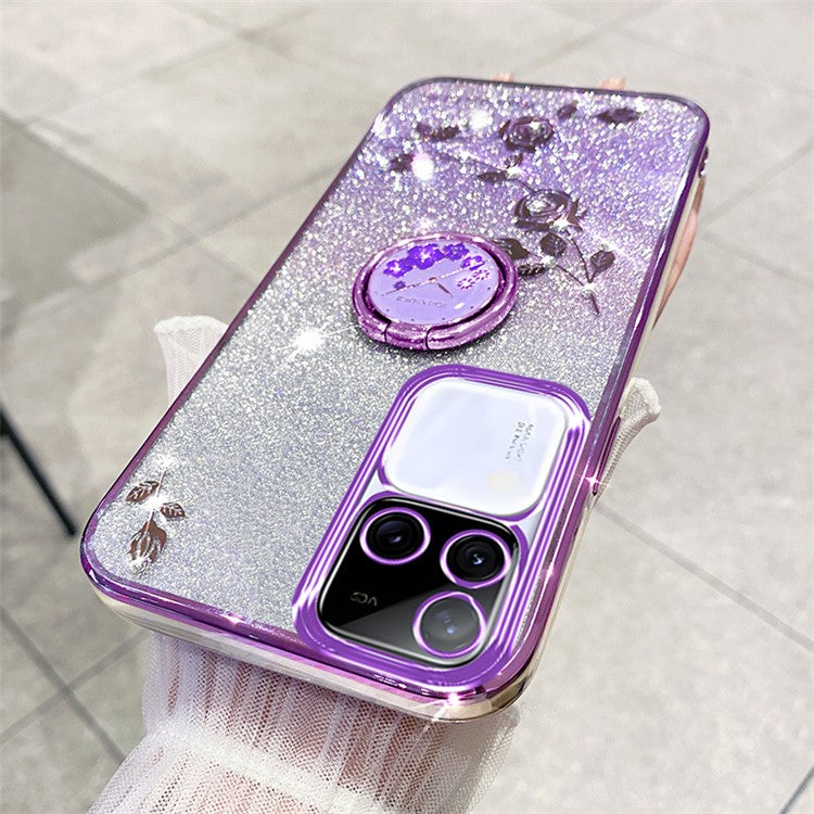 KADEM For vivo S18 Pro 5G Case Ring Kickstand Rhinestone Flower TPU Anti-scratch Phone Back Cover - Purple