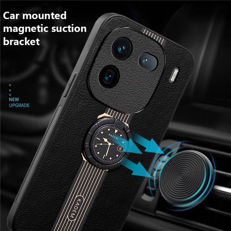 KADEM For vivo iQOO 12 Pro 5G Case Ring Kickstand Watch Pattern Leather Coating Acrylic+TPU Cover - Black