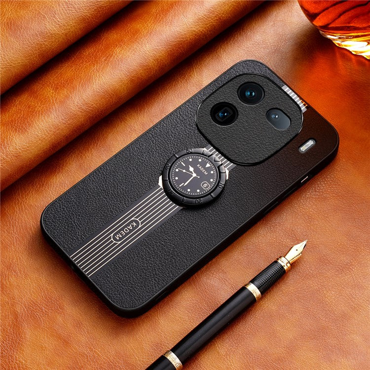 KADEM For vivo iQOO 12 Pro 5G Case Ring Kickstand Watch Pattern Leather Coating Acrylic+TPU Cover - Black