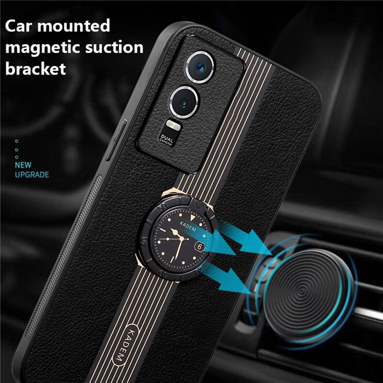 KADEM For vivo Y76s / Y74s Case Ring Kickstand Leather Coated Watch Pattern Phone Protective Cover - Black