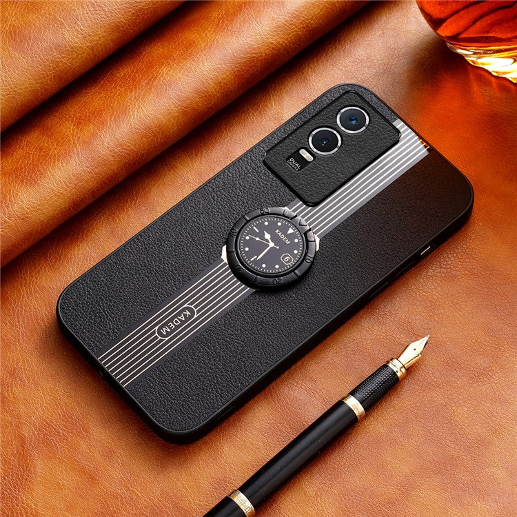 KADEM For vivo Y76s / Y74s Case Ring Kickstand Leather Coated Watch Pattern Phone Protective Cover - Black