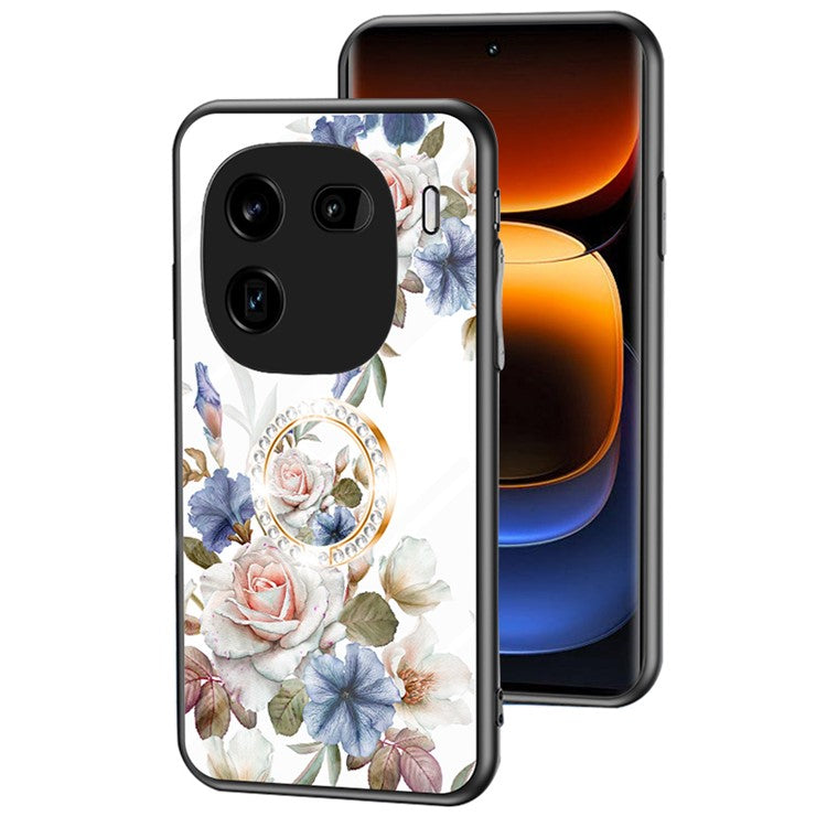 For vivo iQOO 12 Pro 5G Kickstand Case Flower Pattern Tempered Glass Back Cover - White Flower Bush