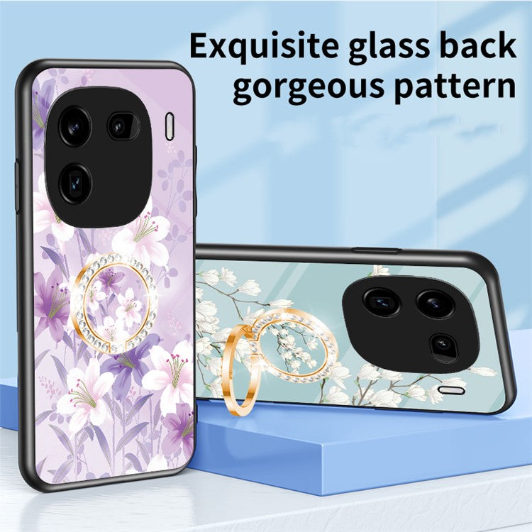 For vivo iQOO 12 Pro 5G Kickstand Case Flower Pattern Tempered Glass Back Cover - White Flower Bush