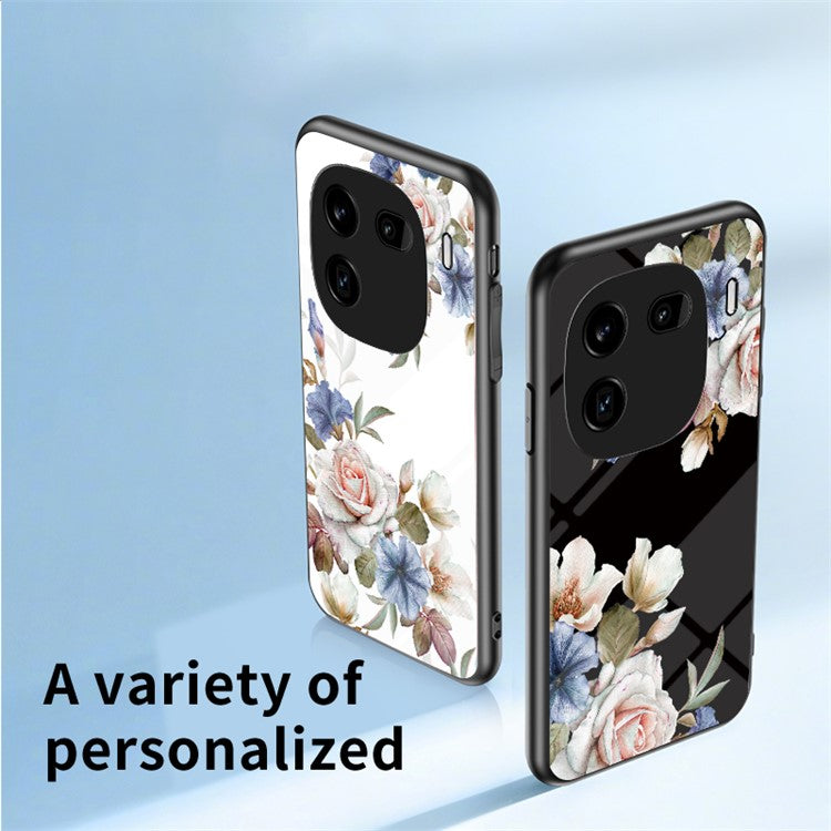 For vivo iQOO 12 Pro 5G Kickstand Case Flower Pattern Tempered Glass Back Cover - White Flower Bush