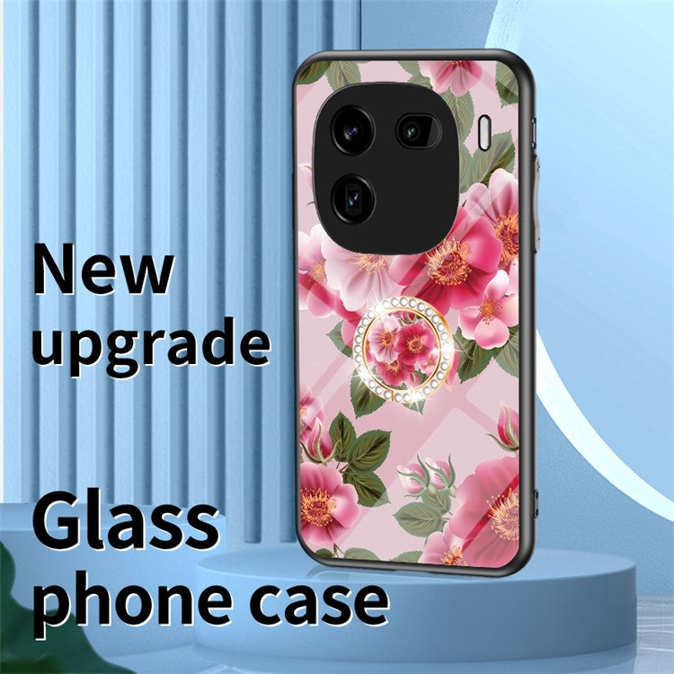 For vivo iQOO 12 Pro 5G Kickstand Case Flower Pattern Tempered Glass Back Cover - White Flower Bush