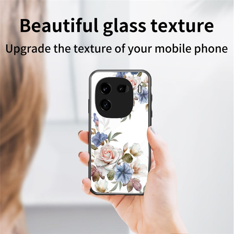 For vivo iQOO 12 Pro 5G Kickstand Case Flower Pattern Tempered Glass Back Cover - White Flower Bush